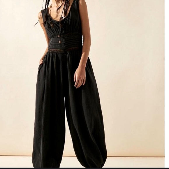 FP Beach crochet cutout livin lovely harem jumpsuit black - Picture 1 of 6